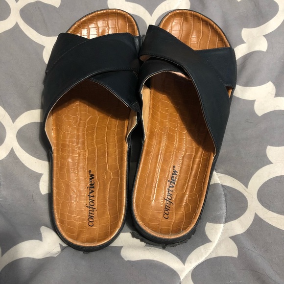 comfortview Shoes - ComfortView Women’s Black Leather Slide Sandals